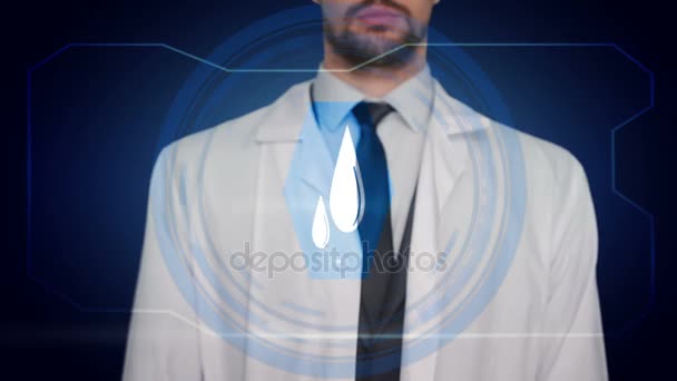 Médico Doctor empujando un icono azul sobre fondo azul. Cápsula jeringa gota — Vídeo de stock