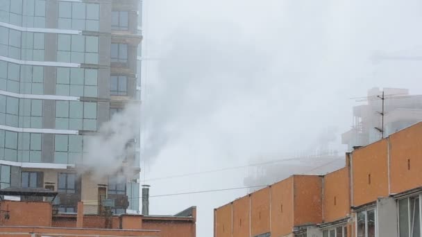 Paysage urbain d'hiver. grues. vapeur provenant des tuyaux — Video