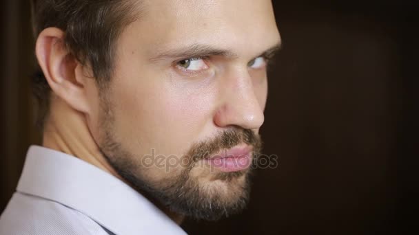 Εσωτερικη όμορφος μόδα μοντέλο Πορτραίτο άνδρα με πράσινα μάτια και χαμόγελο. γενειάδα — Αρχείο Βίντεο