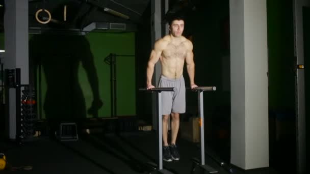 Ława muskularny mężczyzna wykonuje na poręczach w siłowni. — Wideo stockowe