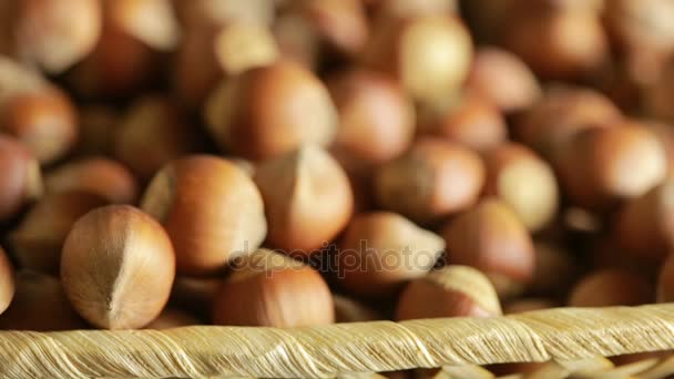 Ořech ořechy. Rýžoviště v proutěném košíku, detail — Stock video