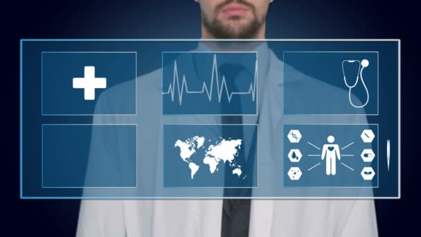 Ιατρός που εργάζεται σε μια εικονική οθόνη. έννοια της ιατρικής τεχνολογίας. σφυγμός — Αρχείο Βίντεο