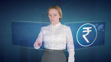 İş kadını dokunmatik ekran üzerinde bir finansal analiz yapar. Hint Rupisi INR Rs