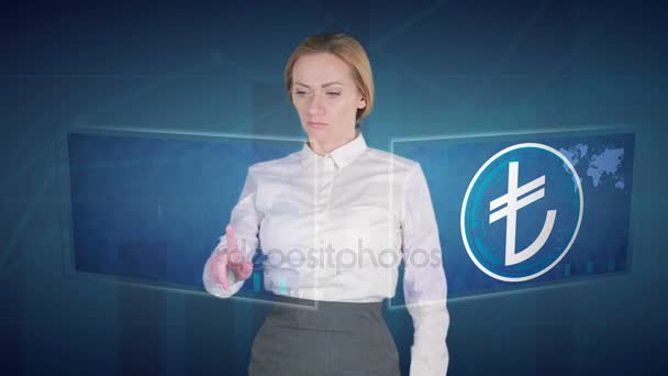 Business woman makes a financial analysis on touch screens. Turkish lira — Stock Video