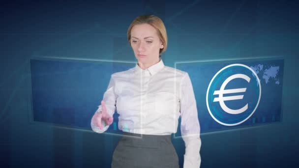 Mulher de negócios faz uma análise financeira em telas sensíveis ao toque. euro, Europa, EUR — Vídeo de Stock