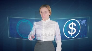 İş kadını dokunmatik ekran üzerinde bir finansal analiz yapar. dolar Türk Lirası