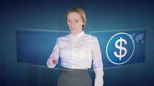 Donna d'affari fa un'analisi finanziaria su touch screen. Dollaro USA — Video Stock