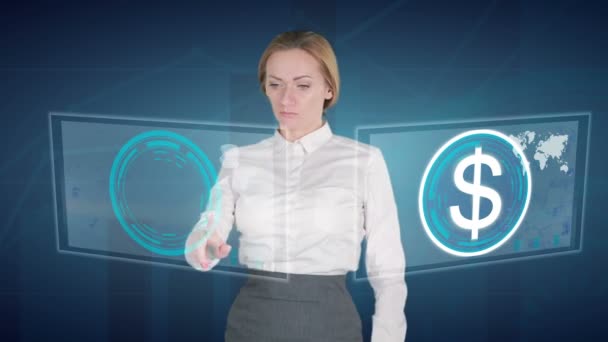 Επιχειρήσεων γυναίκα κάνει μια οικονομική ανάλυση στις οθόνες αφής. Μας Δολλάριο, Ρούβλι Ρωσίας — Αρχείο Βίντεο