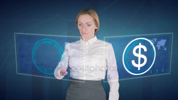 Donna d'affari fa un'analisi finanziaria su touch screen. dollaro lira turca — Video Stock