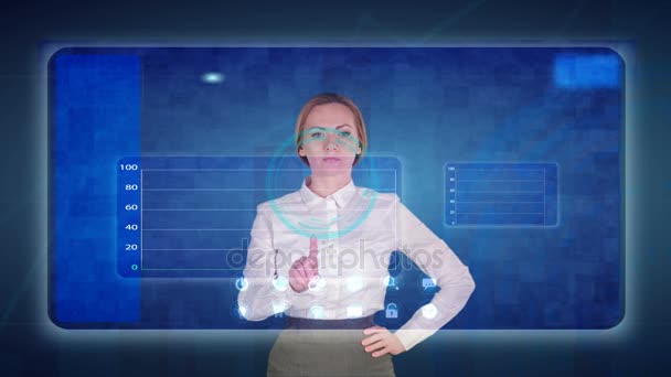 Бізнес-леді робить фінансовий аналіз на сенсорних екранах. Фінансова торгівля — стокове відео