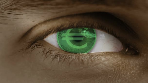 Primer plano del ojo con texto de computadora superpuesto. Zoom en centr. euro, Europa, EUR — Vídeo de stock