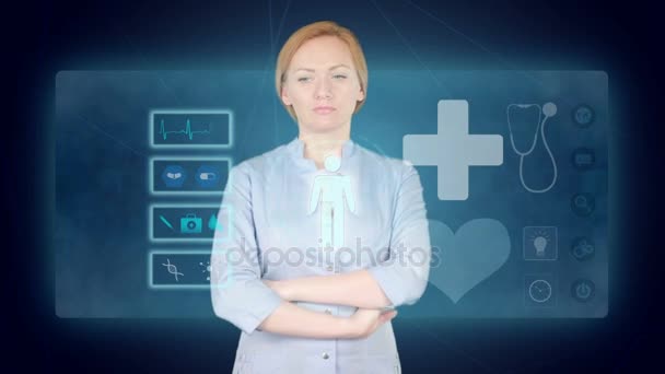 Doctor trabajando en una pantalla virtual. concepto de tecnología médica. pulso — Vídeo de stock