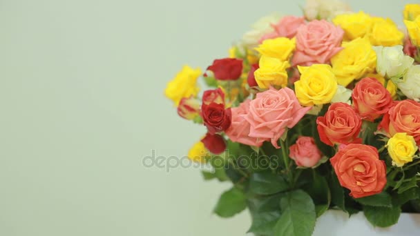 saftige, bunte Bouquet von rosa, gelben, roten und orangefarbenen Rosen, Nahaufnahme