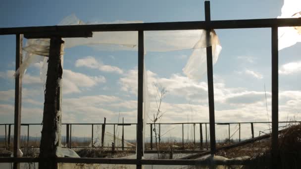 Abandoned greenhouse on the background of blue sky and white clouds. — Stock Video