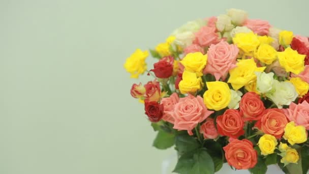 Ζουμερό, πολύχρωμο μπουκέτο με ροζ, κίτρινο, κόκκινο και πορτοκαλί τριαντάφυλλα, γκρο πλαν — Αρχείο Βίντεο