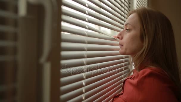 Vrouw keek uit het raam door middel van de blinds aan de straat, spioneren. verdacht — Stockvideo
