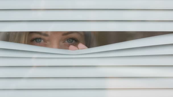 Kvinnan tittar ut genom fönstret genom mörkarna till gatan, spioneri. misstänkt — Stockvideo