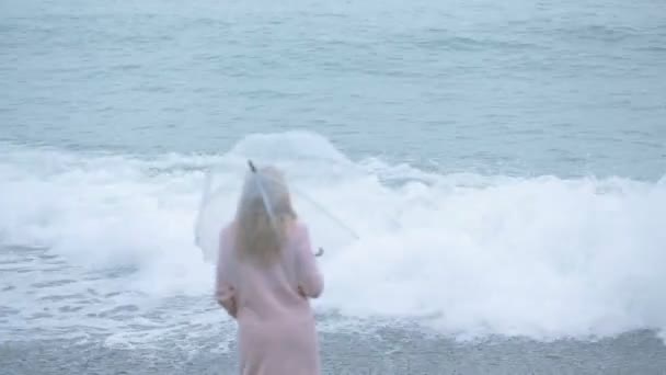 Menina em um casaco rosa com um guarda-chuva transparente junto ao mar durante uma tempestade . — Vídeo de Stock