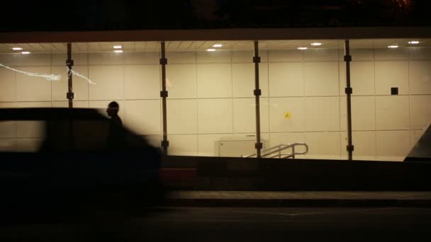Люди, що виходять з підземного пішохідного переходу в нічному місті — стокове відео