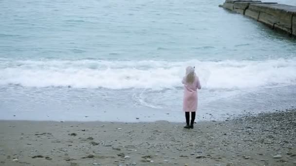 Дівчина в рожевому пальто з прозорою парасолькою біля моря під час шторму . — стокове відео