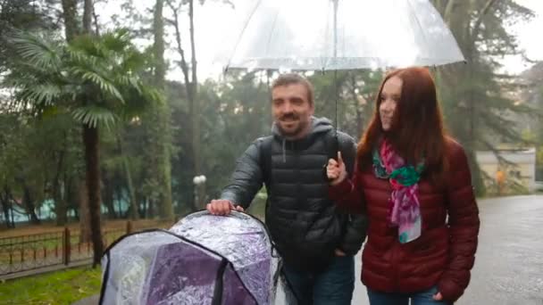 Mamma och pappa, leker med deras barn, sitter i en barnvagn: promenad i parken — Stockvideo