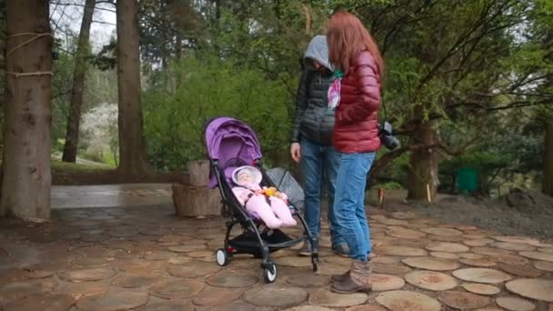 Мама и папа, играя со своим ребенком, сидя в коляске: прогулка в парке — стоковое видео