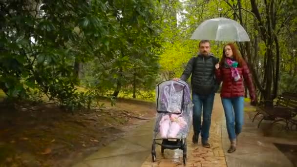 Mamma e papà, giocando con il loro bambino, seduti in un passeggino: passeggiare nel parco — Video Stock