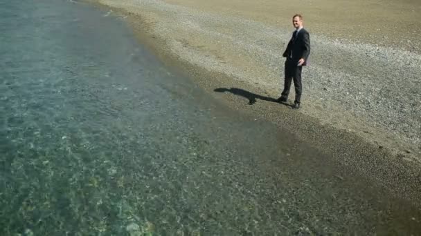 Uomo d'affari in abito in piedi sulla spiaggia e gesticolando, invitando ad andare avanti. Estende la mano in avanti — Video Stock