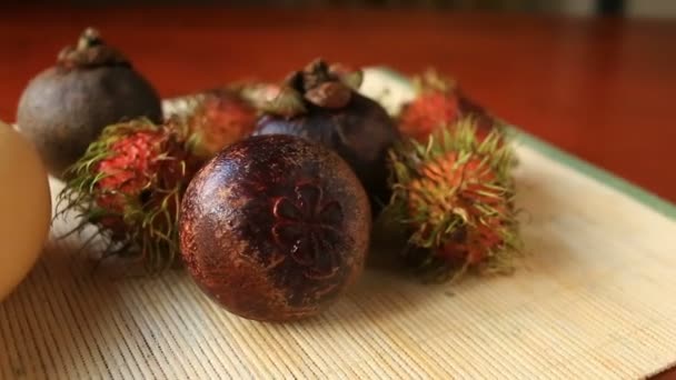 Exotic tropical fruit on table. Thai fruit — Stock Video