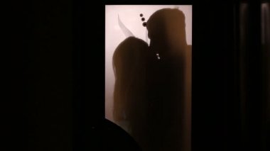 Bir çift cam kapının arkasında öpüşürken kadın ve erkek silüeti.