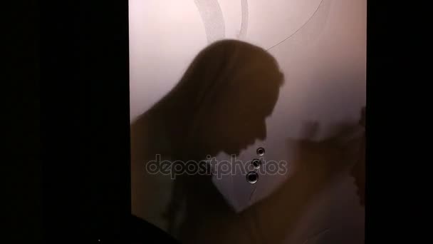Silhouet van een ruzie tussen een vrouw en een kind achter een glazen deur. Moeder scheldt zoon — Stockvideo