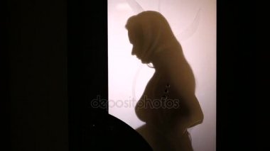 Bir cam kapının arkasında kıyafet değiştirerek bir kadın silueti. O iç çamaşırı alır