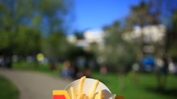 Człowiek zje fast food na ulicy. Niesie ze sobą frytki i go zjada. Na tle rozmazane miasta ulica — Wideo stockowe