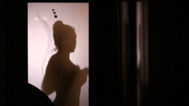 Bir cam kapının arkasında kıyafet değiştirerek bir kadın silueti. O iç çamaşırı alır
