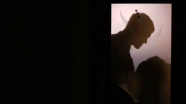Silhouette di uomini e donne litiganti dietro una porta a vetri . — Video Stock