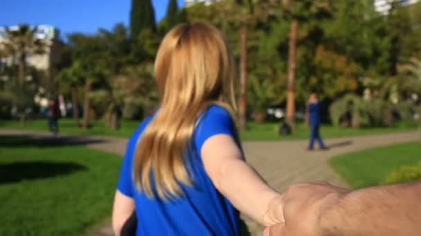 手に明るい晴れた日の上を歩く - 幸せな若い女性が男の手を引いて - 手を私に従ってください。 — ストック動画