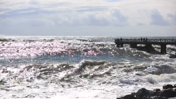 Burza na morzu, ogromne fale piany są łamane przeciwko kamienistej plaży — Wideo stockowe