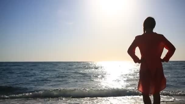 Retrato de una hermosa mujer en el primer plano de la playa. ver chica con gafas de sol sonriendo — Vídeo de stock