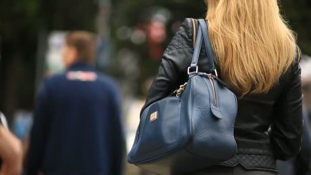 Una mujer en una calle de la ciudad no sospecha que su teléfono fue robado por un carterista astuto. Cruza la carretera a través de un cruce peatonal. El ladrón robó su celular de la bolsa. — Vídeos de Stock