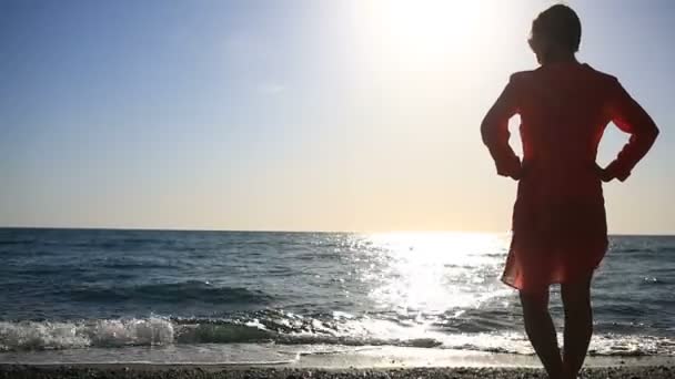 Potret wanita cantik di tepi pantai. melihat gadis dengan kacamata hitam tersenyum — Stok Video