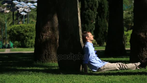 Hombre guapo sentado debajo de una palmera y navegando por Internet en un teléfono inteligente — Vídeos de Stock