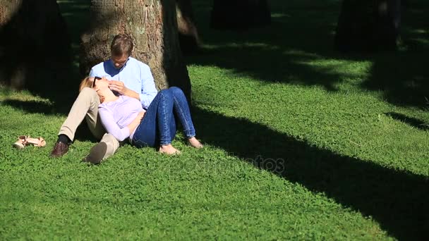 Pareja romántica sentada bajo una palmera. Una chica en el regazo de un chico. Una pareja amorosa descansando en un parque en la hierba bajo un árbol — Vídeos de Stock
