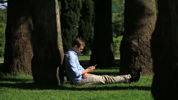 Όμορφος άνδρας κάθεται κάτω από ένα φοίνικα και περιήγηση στο Internet σε ένα smartphone — Αρχείο Βίντεο