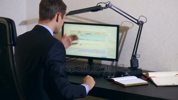 Biznesmen monitoruje zmiany w harmonogramie na kantor, patrząc na monitor komputera — Wideo stockowe