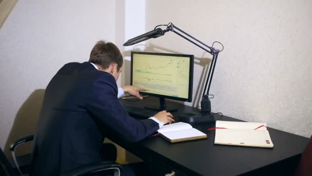 Empresario supervisa los cambios en el horario en el cambio de divisas, mirando el monitor de la computadora — Vídeo de stock