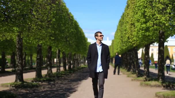 Um homem bonito jovem em óculos de sol e um casaco caminha ao longo da avenida do parque, pára e sorri para a câmera — Vídeo de Stock
