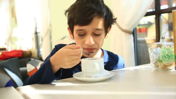 Un bambino beve tè caldo con un cucchiaio in un caffè — Video Stock
