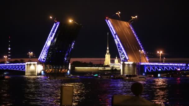 Регулируемый мост. Лодки плывут вдоль реки после развода моста ночью — стоковое видео