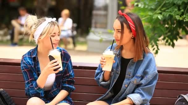 Dos amigos se sientan en un banco en el parque de la ciudad y beben un batido de una taza desechable — Vídeo de stock