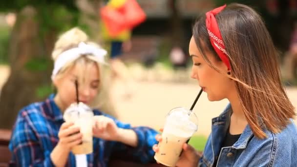 Dos amigos se sientan en un banco en el parque de la ciudad y beben un batido de una taza desechable — Vídeos de Stock